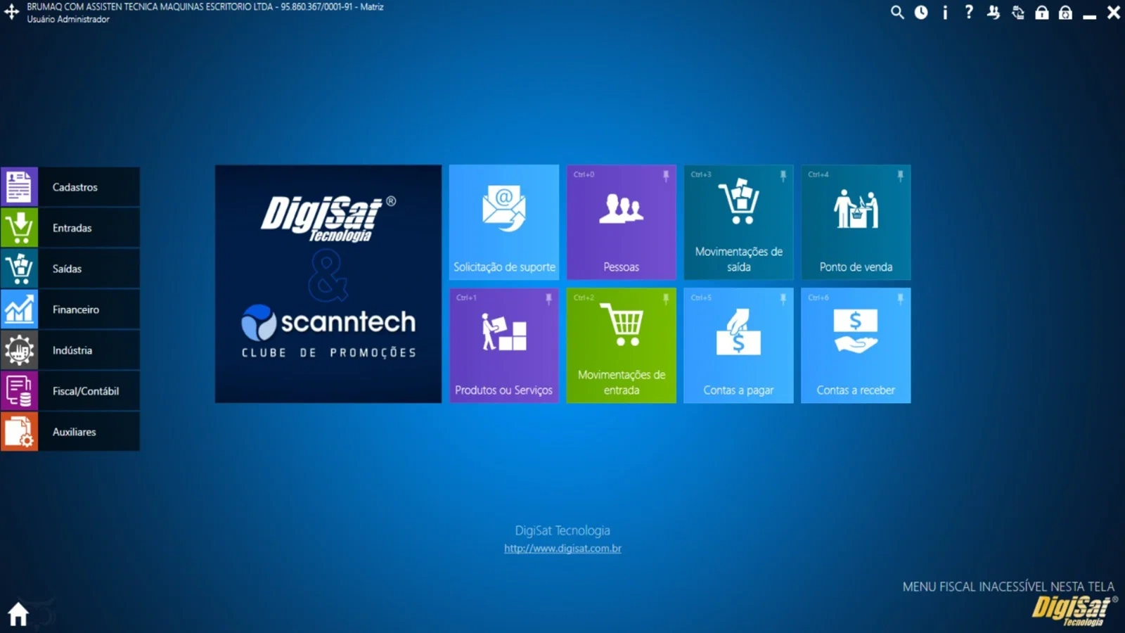 Tela do sistema DigiSat Tecnologia, com módulos de cadastros, financeiro, entradas e saídas